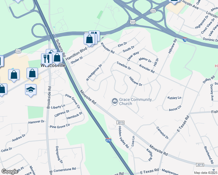 map of restaurants, bars, coffee shops, grocery stores, and more near 1111 Greenleaf Circle in Allentown