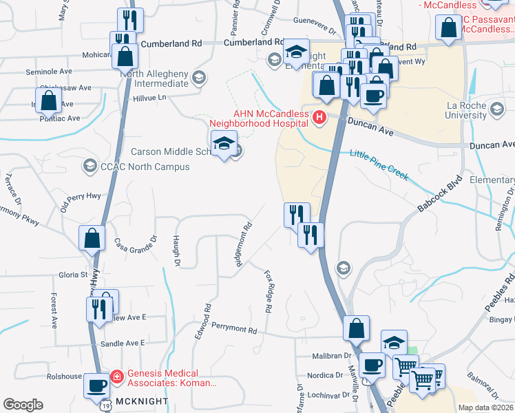 map of restaurants, bars, coffee shops, grocery stores, and more near 8551 Ridgemont Road in Pittsburgh