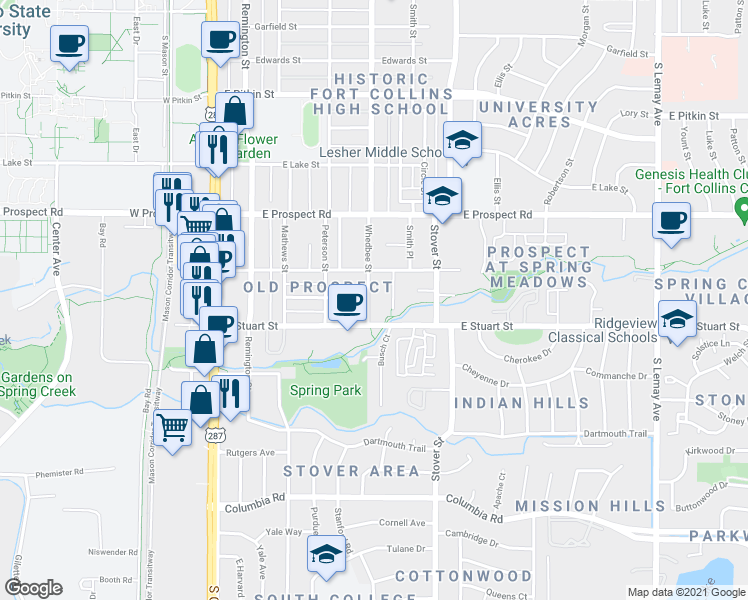 map of restaurants, bars, coffee shops, grocery stores, and more near 1719 Whedbee Street in Fort Collins