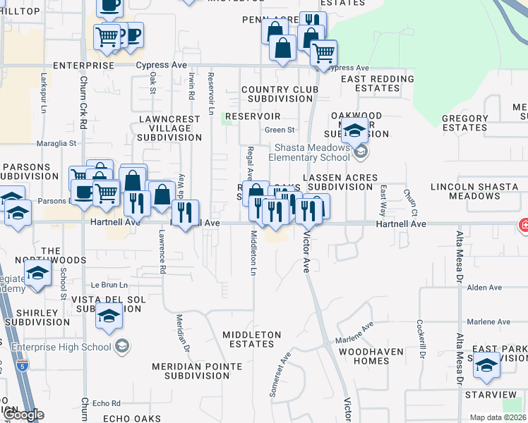 map of restaurants, bars, coffee shops, grocery stores, and more near 2949 Fairway Avenue in Redding