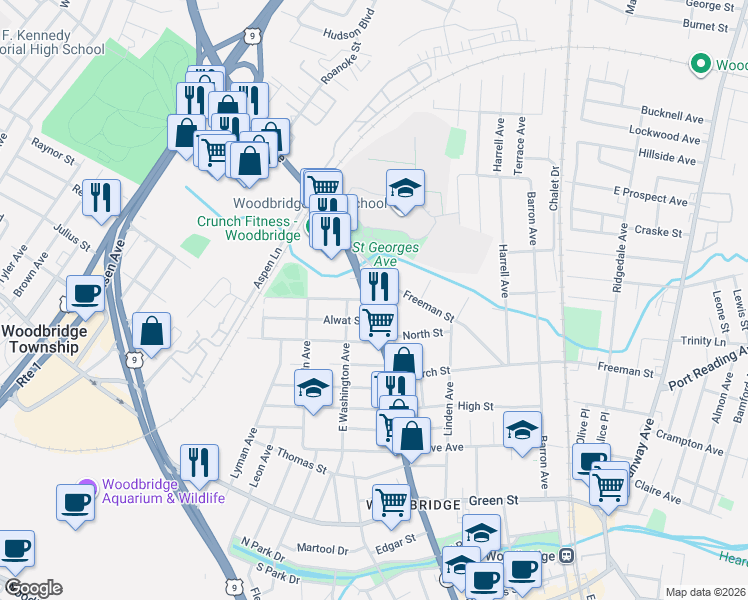 map of restaurants, bars, coffee shops, grocery stores, and more near 705 Saint Georges Avenue in Woodbridge Township
