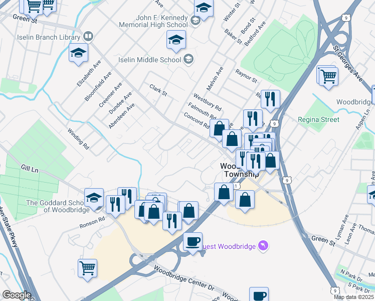 map of restaurants, bars, coffee shops, grocery stores, and more near 409 Green Hollow Drive in Woodbridge Township