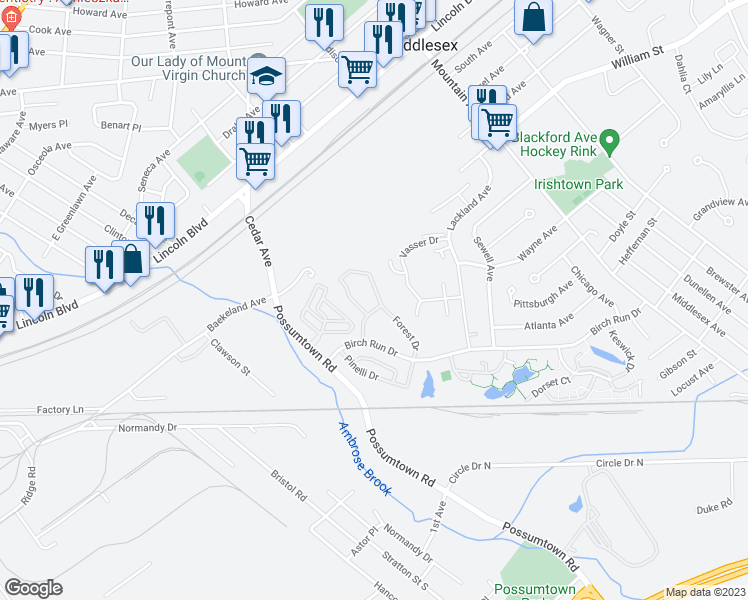 map of restaurants, bars, coffee shops, grocery stores, and more near 82 Forest Drive in Piscataway