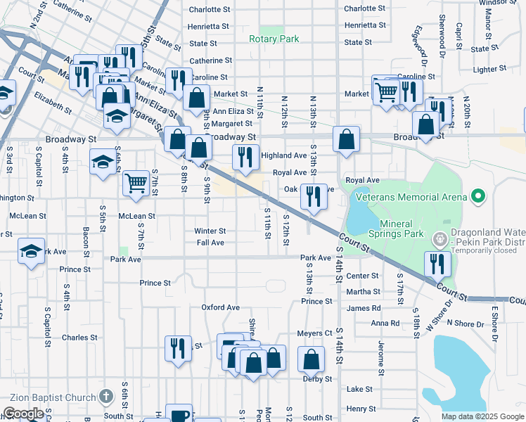 map of restaurants, bars, coffee shops, grocery stores, and more near 612 South 11th Street in Pekin