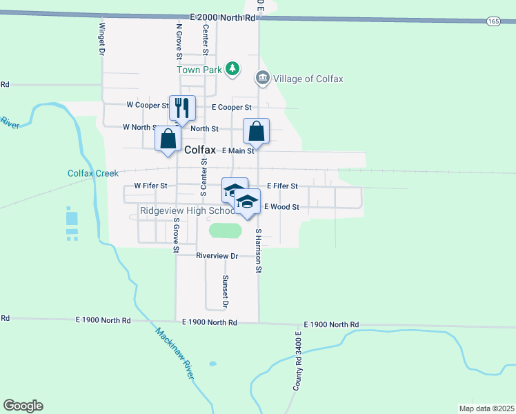 map of restaurants, bars, coffee shops, grocery stores, and more near 300 South Harrison Street in Colfax