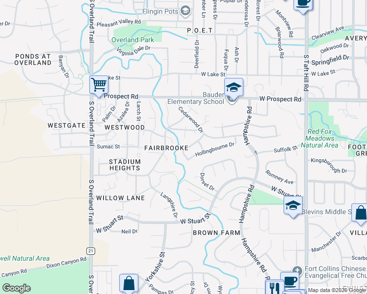 map of restaurants, bars, coffee shops, grocery stores, and more near 1907 Etton Drive in Fort Collins