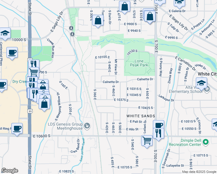 map of restaurants, bars, coffee shops, grocery stores, and more near 421 East 10300 South in Sandy