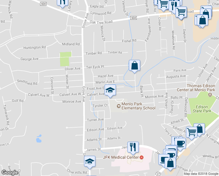 map of restaurants, bars, coffee shops, grocery stores, and more near 38 Frost Avenue East in Edison