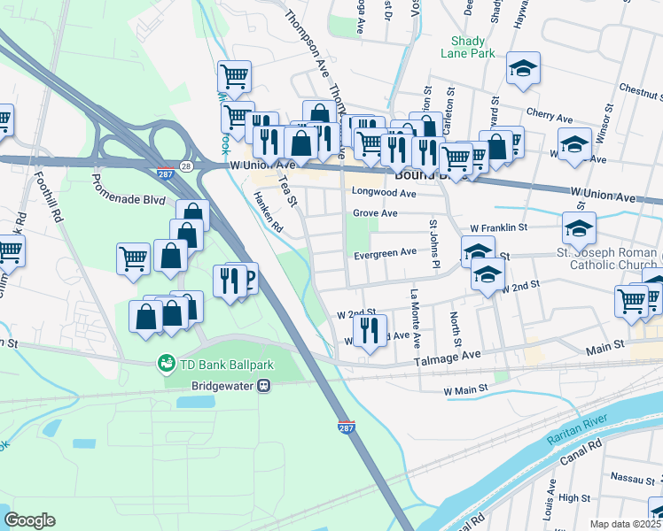 map of restaurants, bars, coffee shops, grocery stores, and more near 520 Imlay Place in Bound Brook