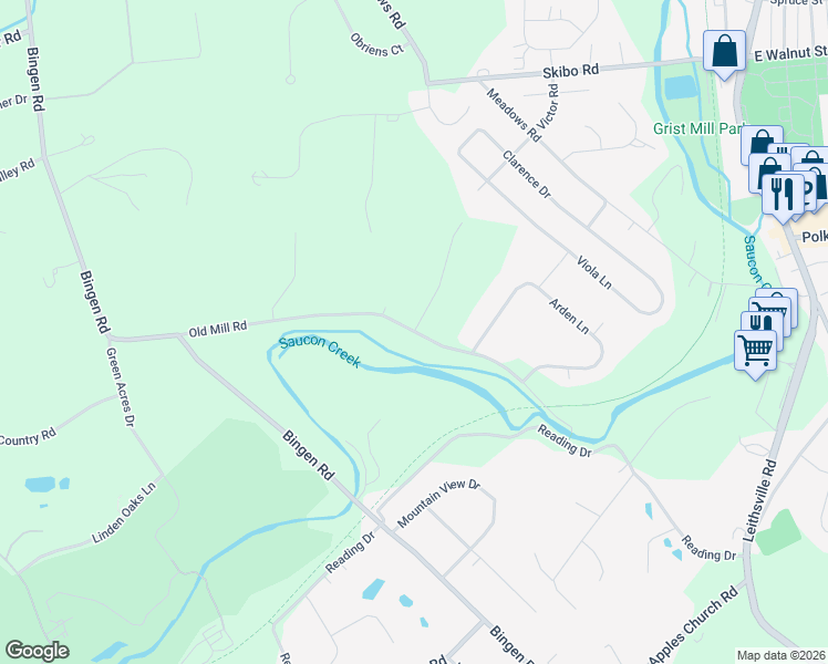 map of restaurants, bars, coffee shops, grocery stores, and more near Old Mill Road in Bethlehem