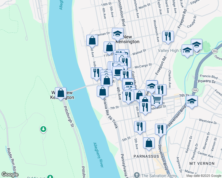 map of restaurants, bars, coffee shops, grocery stores, and more near 819 3rd Avenue in New Kensington
