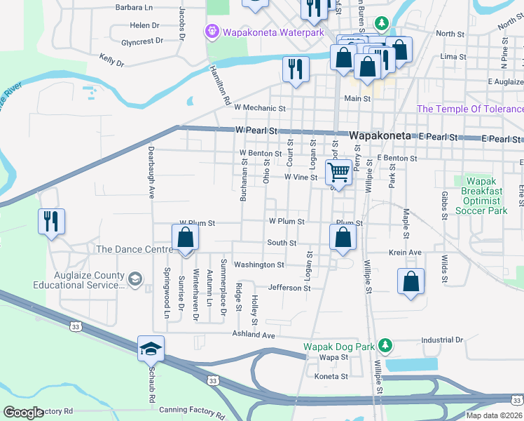 map of restaurants, bars, coffee shops, grocery stores, and more near 605 Ohio Street in Wapakoneta