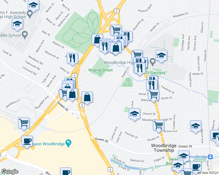 map of restaurants, bars, coffee shops, grocery stores, and more near 192 Sierra Court in Woodbridge Township