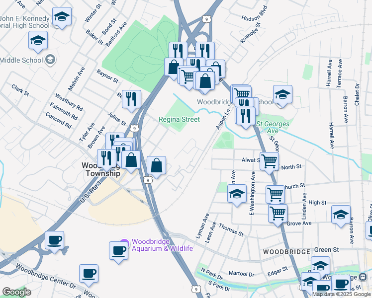 map of restaurants, bars, coffee shops, grocery stores, and more near 272 Alpine Way in Woodbridge Township