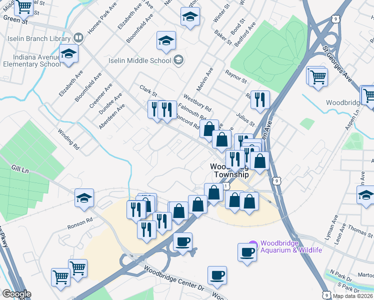 map of restaurants, bars, coffee shops, grocery stores, and more near 785 Green Street in Woodbridge Township