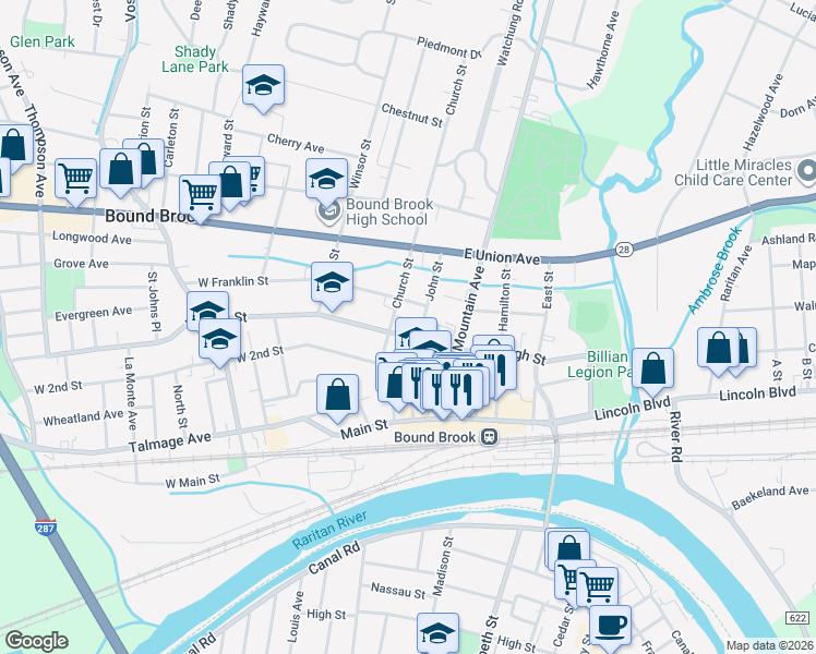 map of restaurants, bars, coffee shops, grocery stores, and more near 13 East High Street in Bound Brook