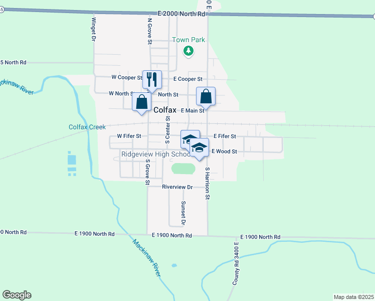 map of restaurants, bars, coffee shops, grocery stores, and more near 202 East Wood Street in Colfax