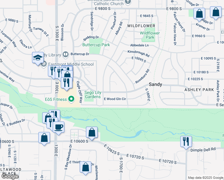 map of restaurants, bars, coffee shops, grocery stores, and more near 10287 South Locksley Road in Sandy
