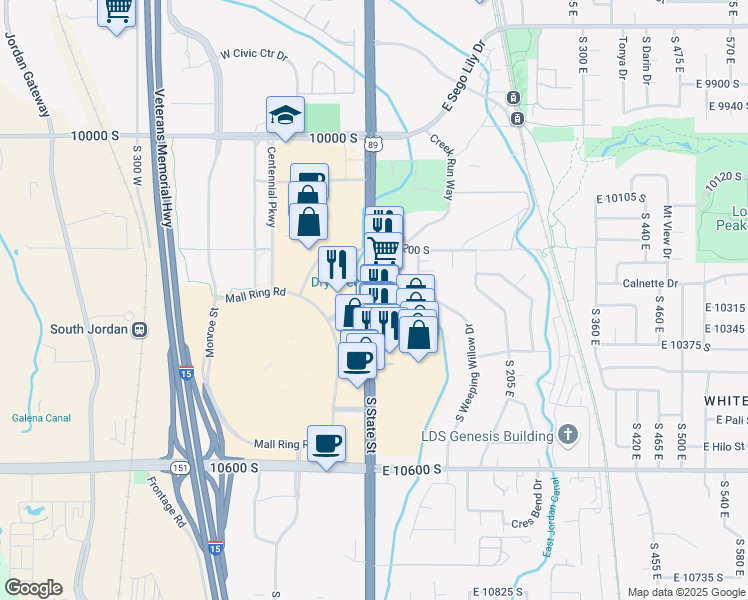 map of restaurants, bars, coffee shops, grocery stores, and more near 10281 South State Street in Sandy