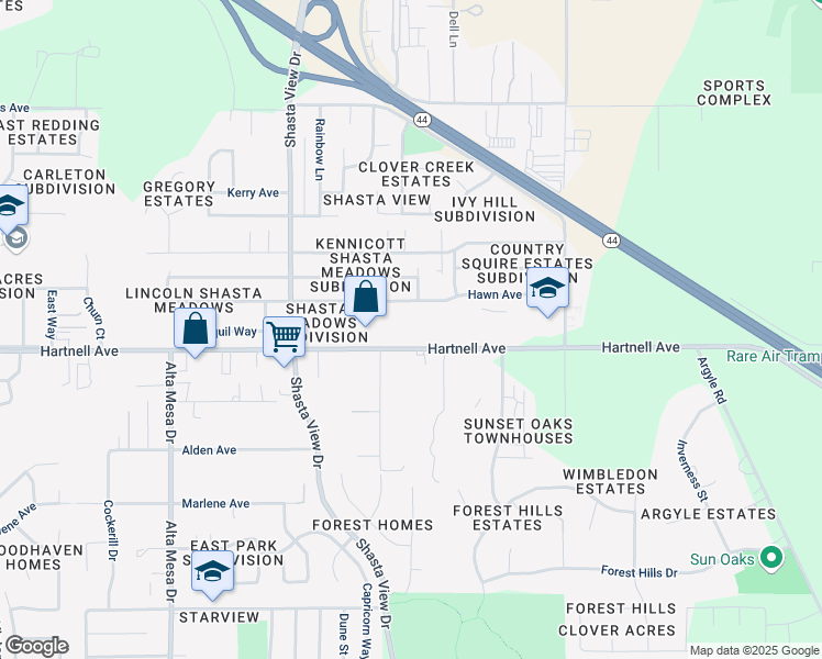 map of restaurants, bars, coffee shops, grocery stores, and more near 2704 Hartnell Avenue in Redding