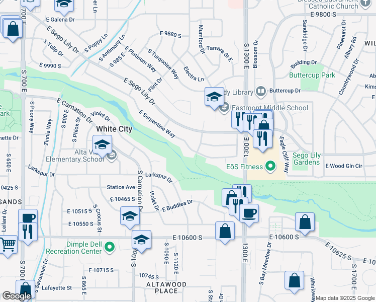 map of restaurants, bars, coffee shops, grocery stores, and more near 1150 East Serpentine Way in Sandy