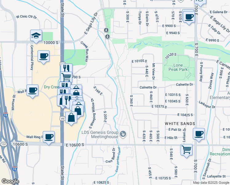 map of restaurants, bars, coffee shops, grocery stores, and more near 10291 Silver Willow Drive in Sandy