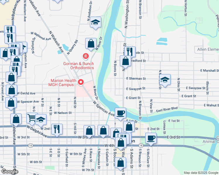 map of restaurants, bars, coffee shops, grocery stores, and more near 220 W Swayzee St in Marion