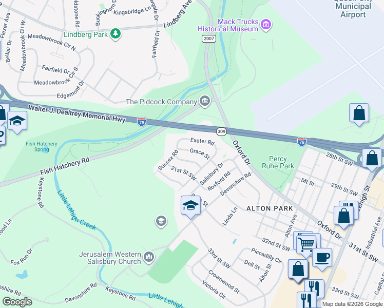 map of restaurants, bars, coffee shops, grocery stores, and more near 1414 Grace Street in Allentown
