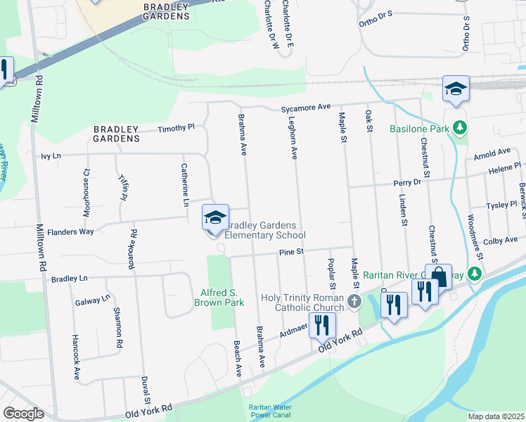 map of restaurants, bars, coffee shops, grocery stores, and more near 129 Ivy Lane in Bridgewater Township