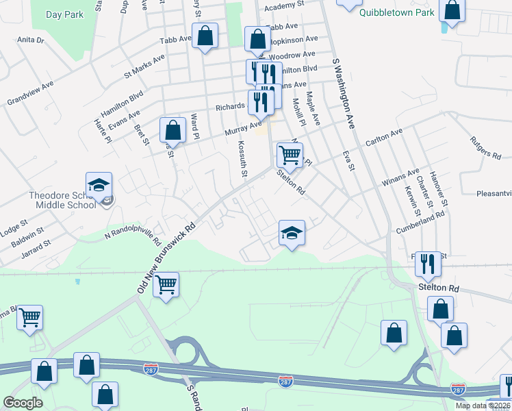 map of restaurants, bars, coffee shops, grocery stores, and more near 37 Old New Brunswick Road in Piscataway