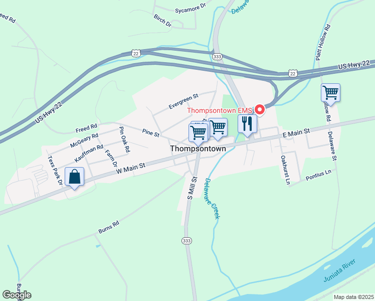 map of restaurants, bars, coffee shops, grocery stores, and more near 591 West Main Street in Thompsontown