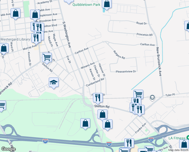 map of restaurants, bars, coffee shops, grocery stores, and more near 1121 Kerwin Street in Piscataway