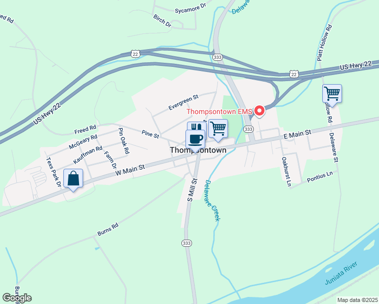 map of restaurants, bars, coffee shops, grocery stores, and more near 597 West Main Street in Thompsontown