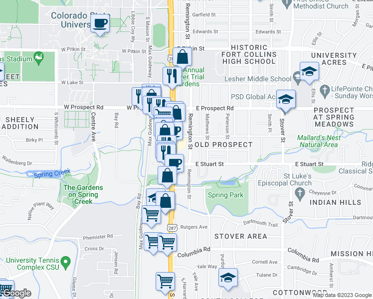 map of restaurants, bars, coffee shops, grocery stores, and more near 1709 Remington Street in Fort Collins