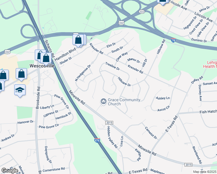 map of restaurants, bars, coffee shops, grocery stores, and more near 4481 Treeline Circle in Allentown