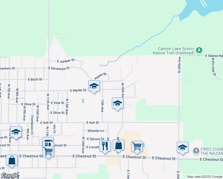 map of restaurants, bars, coffee shops, grocery stores, and more near 1490 East Myrtle Street in Canton