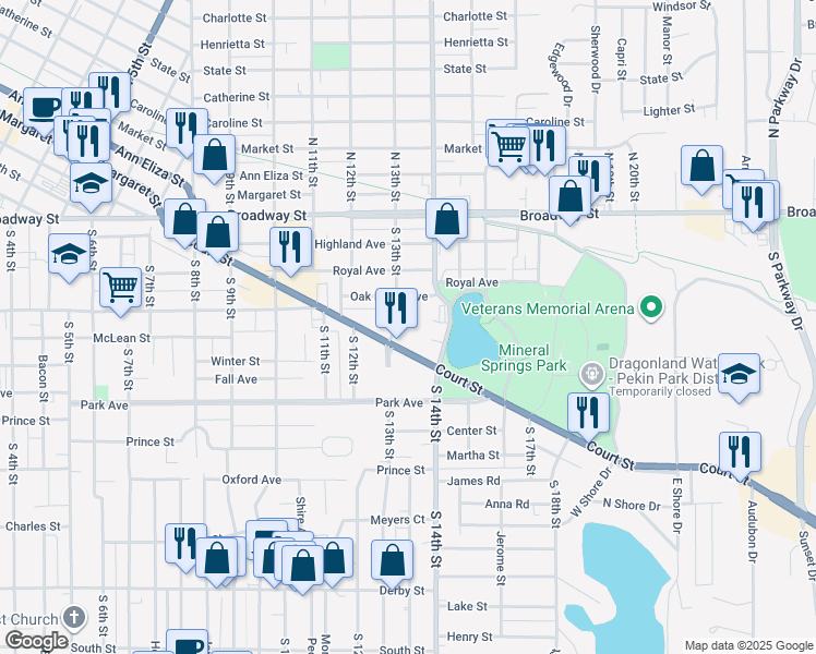 map of restaurants, bars, coffee shops, grocery stores, and more near 1304 Spring Street in Pekin