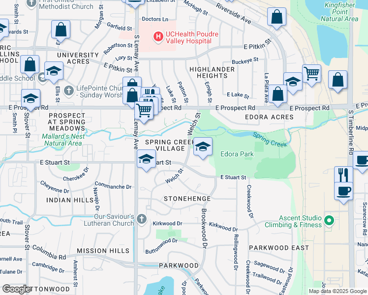 map of restaurants, bars, coffee shops, grocery stores, and more near 1717 Welch Street in Fort Collins