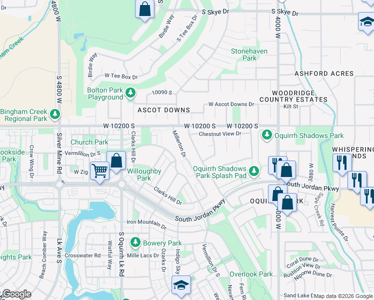 map of restaurants, bars, coffee shops, grocery stores, and more near 10277 Millerton Drive in South Jordan
