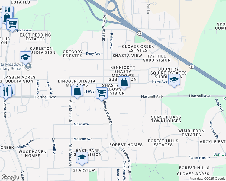 map of restaurants, bars, coffee shops, grocery stores, and more near 2564 Hartnell Avenue in Redding