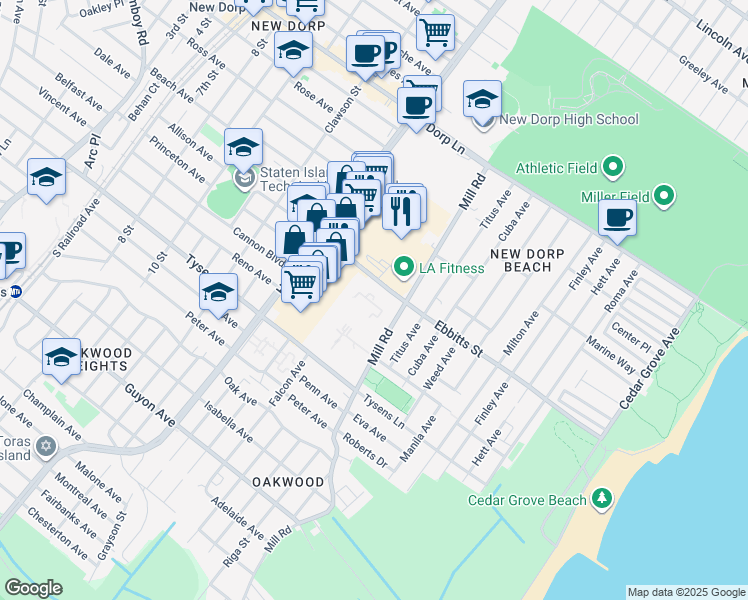 map of restaurants, bars, coffee shops, grocery stores, and more near 26 Ebbitts Street in Staten Island