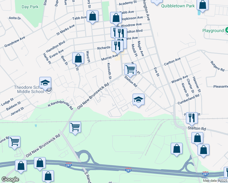map of restaurants, bars, coffee shops, grocery stores, and more near 37 Old New Brunswick Road in Piscataway