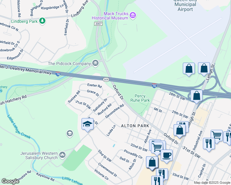 map of restaurants, bars, coffee shops, grocery stores, and more near 3005 Salisbury Drive in Allentown