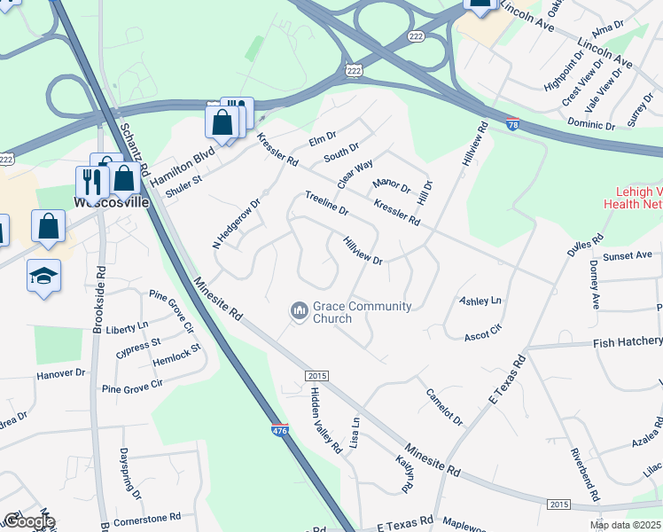 map of restaurants, bars, coffee shops, grocery stores, and more near 4481 Treeline Circle in Allentown