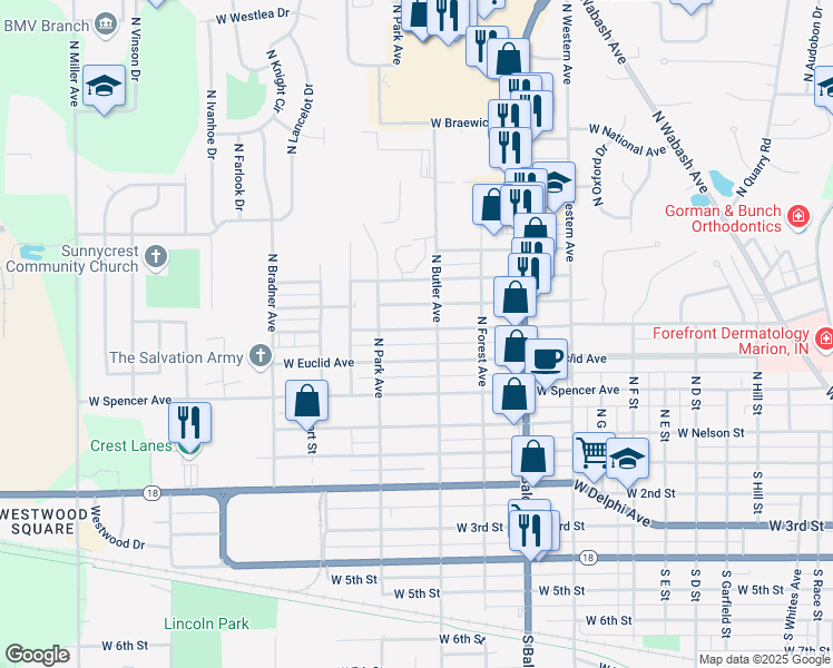 map of restaurants, bars, coffee shops, grocery stores, and more near 1615 West Jeffras Avenue in Marion