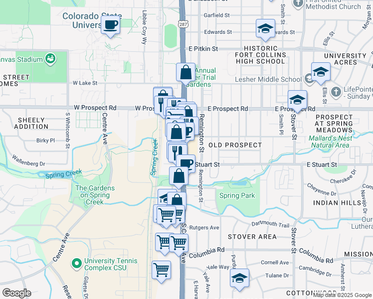 map of restaurants, bars, coffee shops, grocery stores, and more near 1708 South College Avenue in Fort Collins