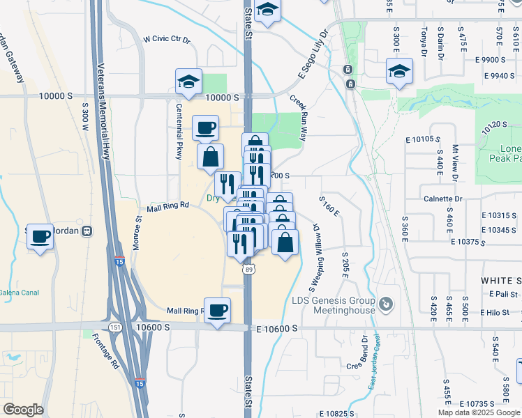map of restaurants, bars, coffee shops, grocery stores, and more near 10281 South State Street in Sandy