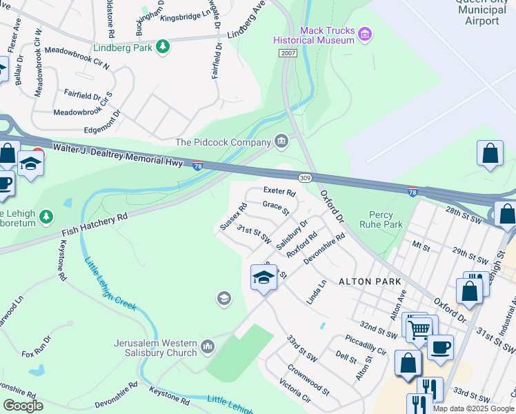 map of restaurants, bars, coffee shops, grocery stores, and more near 1414 Grace Street in Allentown