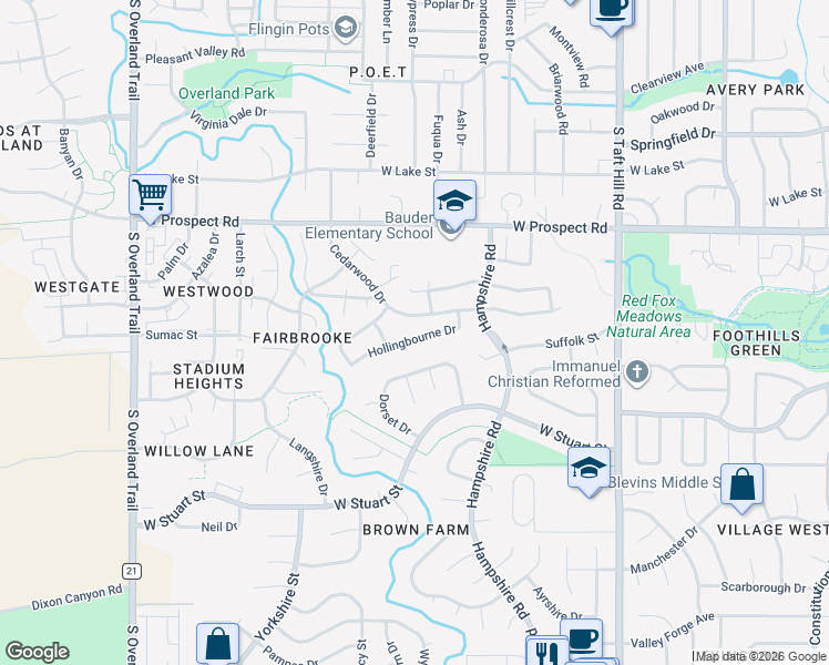 map of restaurants, bars, coffee shops, grocery stores, and more near 2506 Hollingbourne Drive in Fort Collins