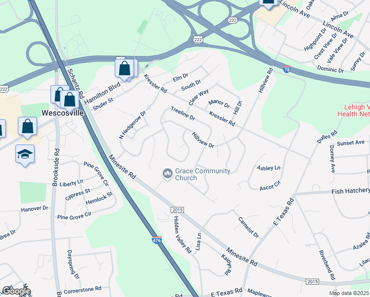 map of restaurants, bars, coffee shops, grocery stores, and more near 4481 Treeline Circle in Allentown